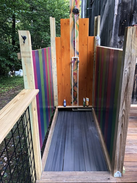colorful outdoor shower with bountiful hot water