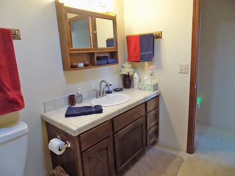 Combined shower/tub, hair dryer, towels, soap