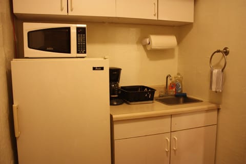 Fridge, microwave, coffee/tea maker, toaster