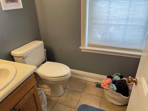 Combined shower/tub, hair dryer, towels, soap