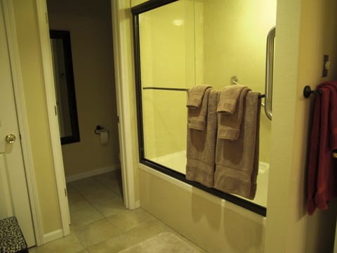 Combined shower/tub, jetted tub, hair dryer, towels