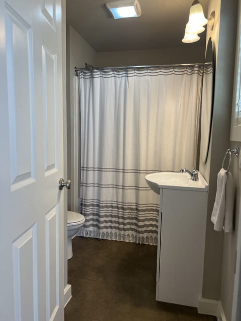 Combined shower/tub, hair dryer, towels, toilet paper