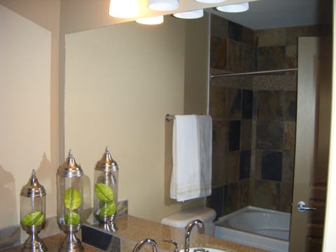 Combined shower/tub, hair dryer, towels