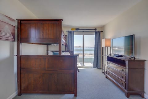 Front unit: The bunk room has a twin above a queen bed. There is an additional twin mattress on the floor.