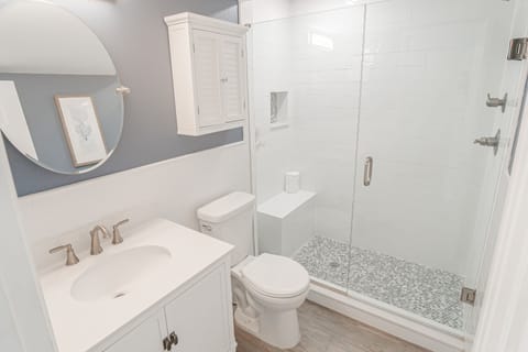 Combined shower/tub, hair dryer, towels