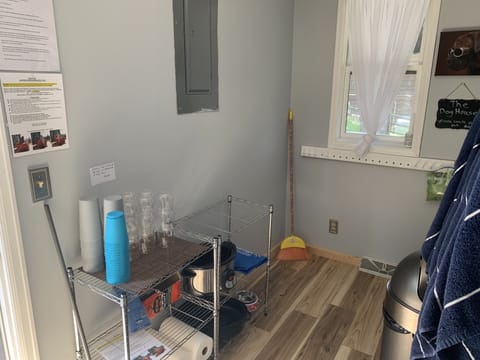 Main level mud room with hot tub essentials and also stuff for your pup!