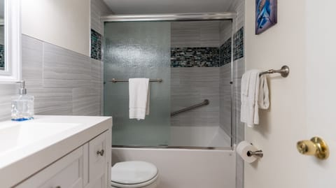 Combined shower/tub, hair dryer, towels