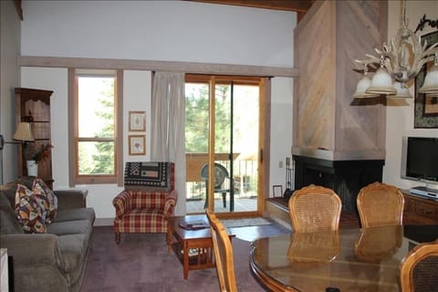 Open Living Area with wood-burning fireplace, sleeper sofa, and great view.