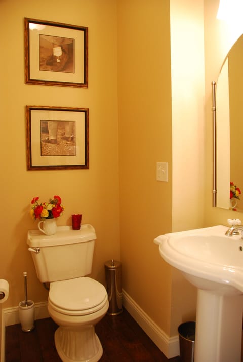 Downstairs half-bath with pedestal sink.
