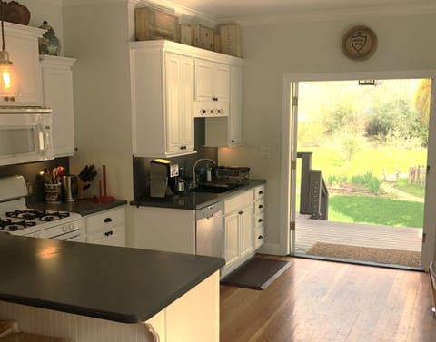 Kitchen, french doors open to the backyard