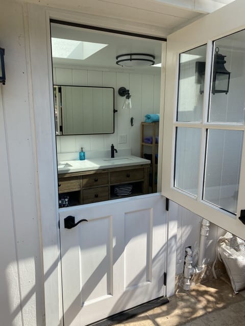 Door to pool house bathroom, 50 feet from house