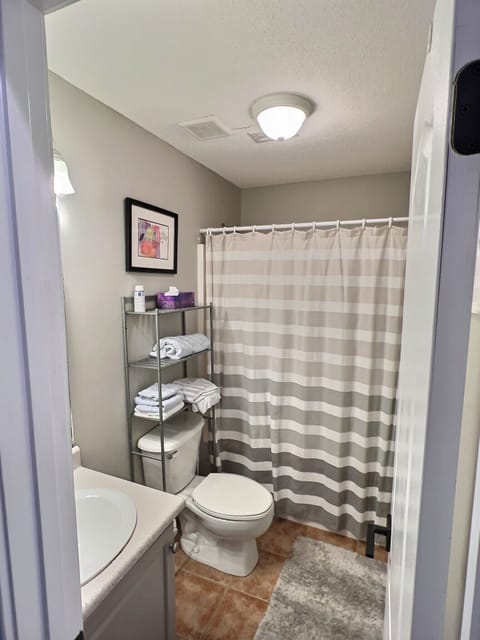 Combined shower/tub, hair dryer, towels, soap