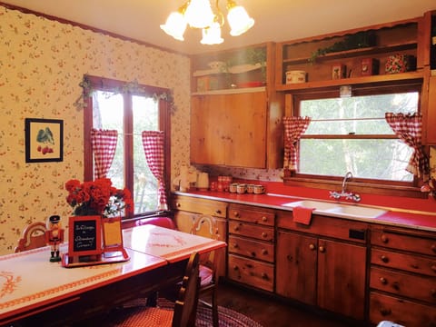 Sunny kitchen with antique tin top table and view of creek!