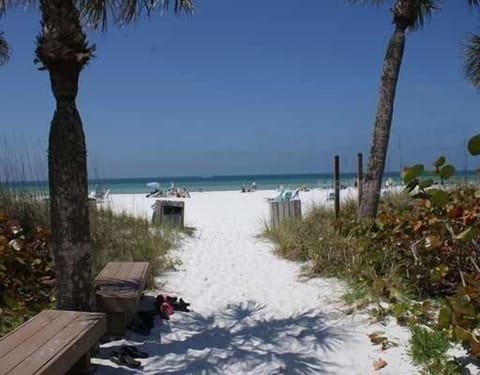 On the beach, sun loungers, beach towels