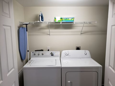 Laundry  - washer dryer, iron, ironing board, wet & dry swiffer mop, broom