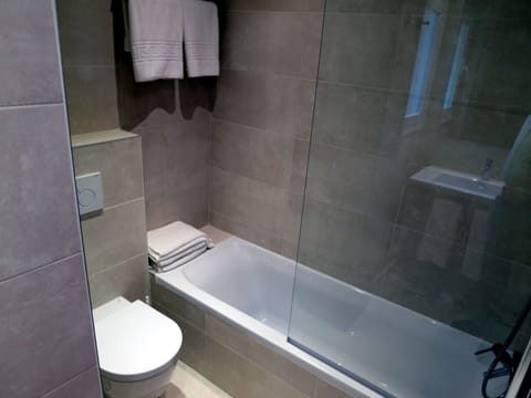 Combined shower/tub, hair dryer, towels