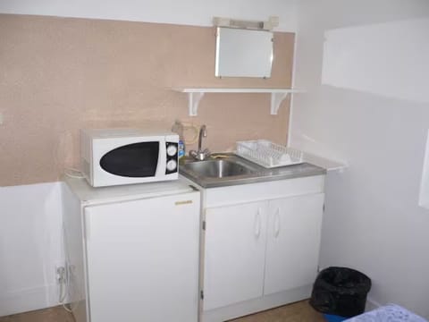 Fridge, microwave, electric kettle, cookware/dishes/utensils