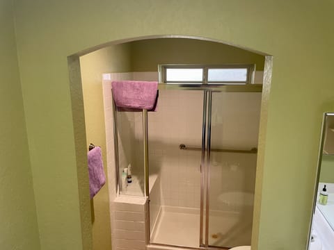 Combined shower/tub, hair dryer, towels