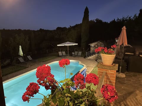 From dining terrace to pool at night