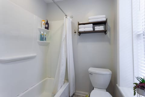 Combined shower/tub, hair dryer, towels, soap