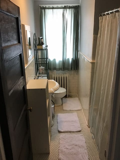 Combined shower/tub, hair dryer, towels, soap