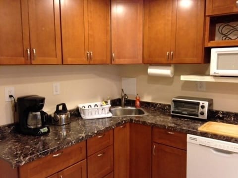 Fridge, microwave, dishwasher, coffee/tea maker