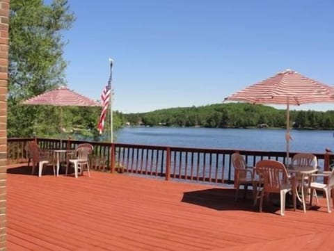 Large deck overlooking lake.