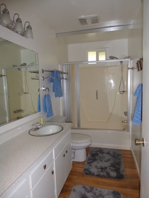 Combined shower/tub, hair dryer, towels