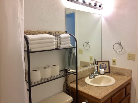 Clean and sparkly bathroom, w/ shower/hand held and bathtub.