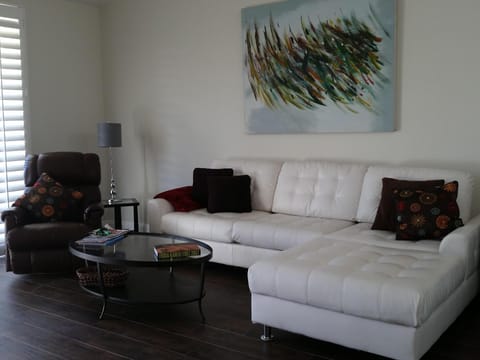 Newly remodeled living room with plantation shutters ,