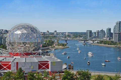 View from living room, dining room and balcony. Science World and False Creek