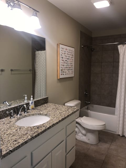 Combined shower/tub, hair dryer, towels