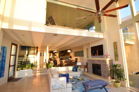 Living room at sunset golden hour.