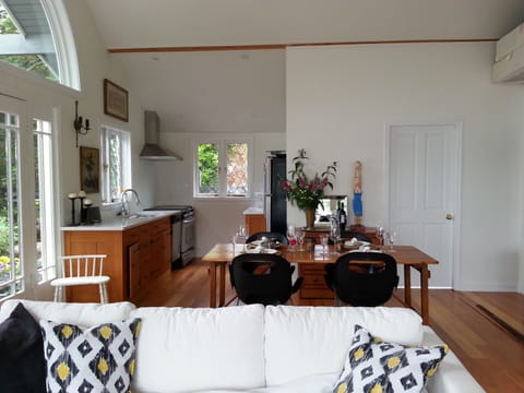 View from living room into dining kitchen area
