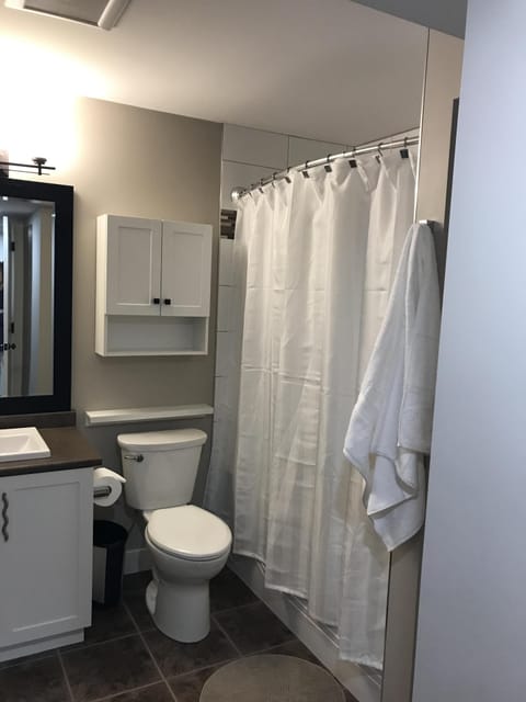 Bathtub, towels, soap, toilet paper