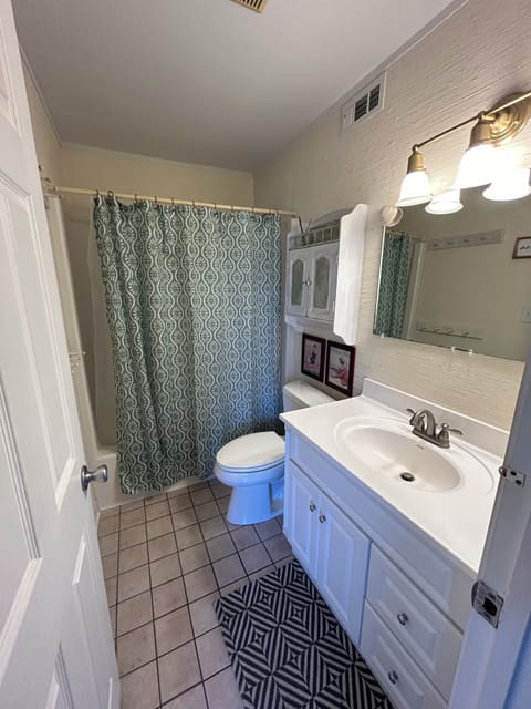 Combined shower/tub, hair dryer, towels, shampoo