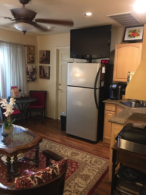 Fridge, microwave, coffee/tea maker, toaster