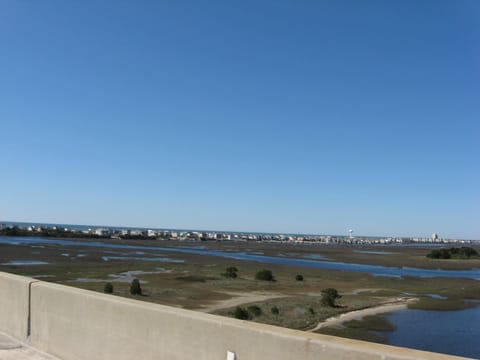 A view of the town of Ocean Isle Beach from the bridge to the island