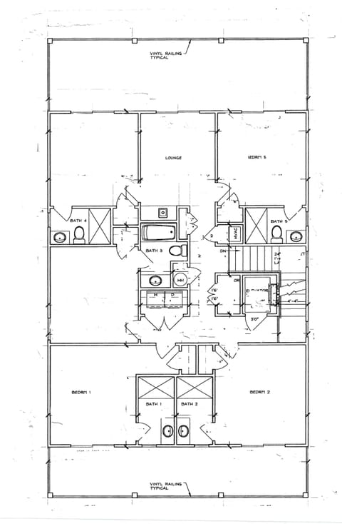 Floor plan for second floor with five bedrooms, private baths, and lounge area