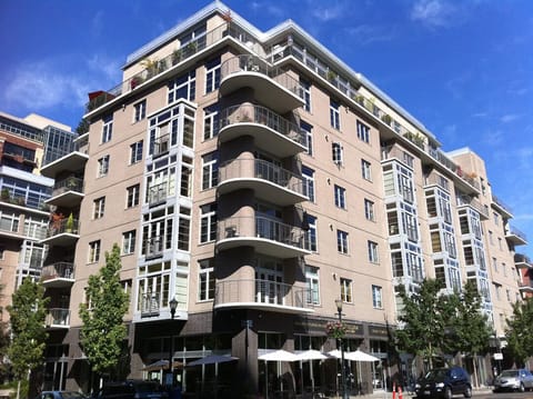 Our quiet European-style building with shops and cafes below.