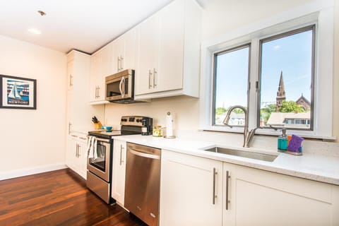 Newly renovated kitchen with stainless steel appliances and views of St. Mary's.