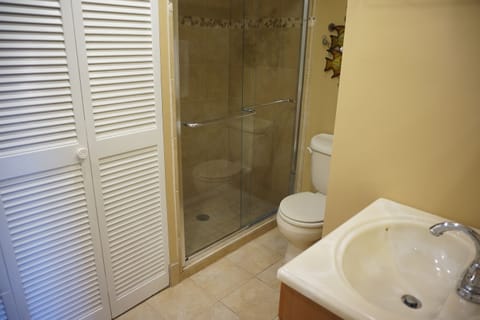 Combined shower/tub, hair dryer, towels