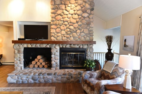 Living room, wood burning fireplace
