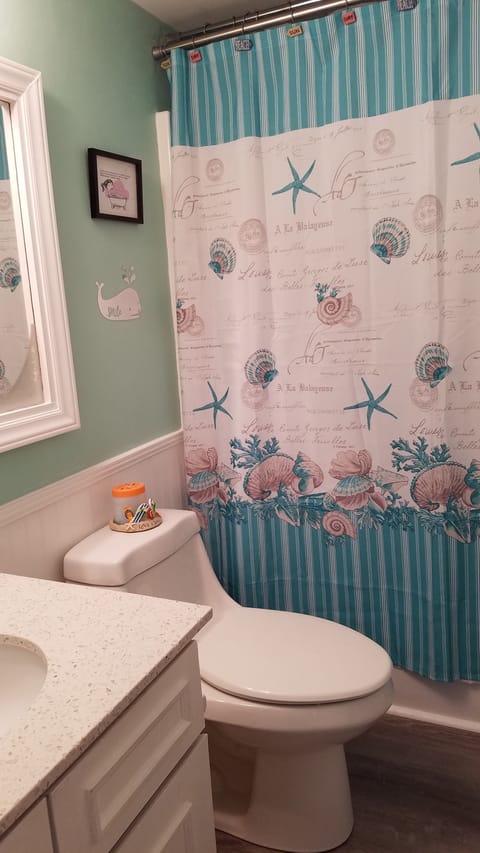 Combined shower/tub, soap, toilet paper