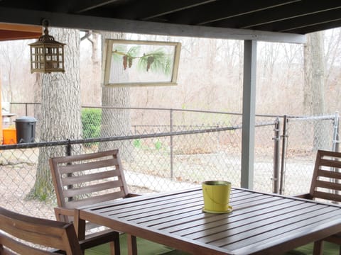 View of fenced yard from the outdoor covered patio!