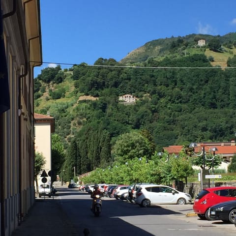 house seen from town, center of photo