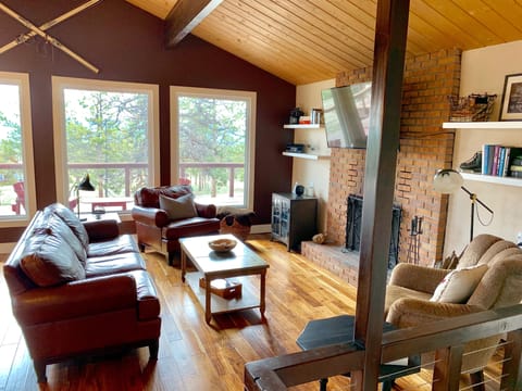 Open Living Room with wood burning fireplace