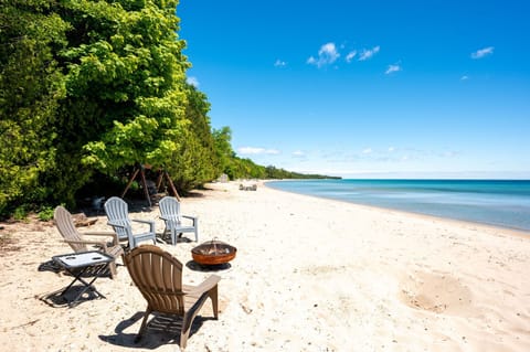 On the beach, sun loungers