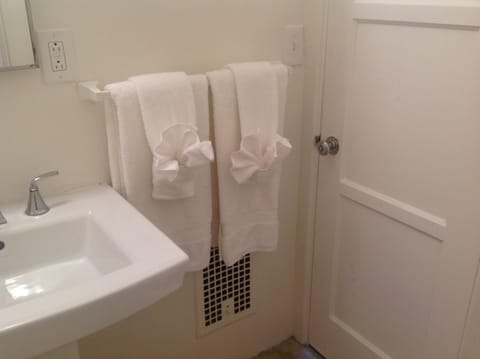 Combined shower/tub, hair dryer, towels