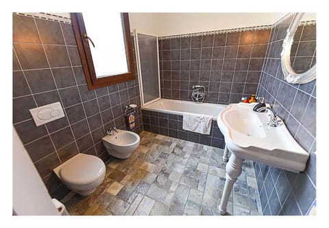 Combined shower/tub, hair dryer, bidet, towels